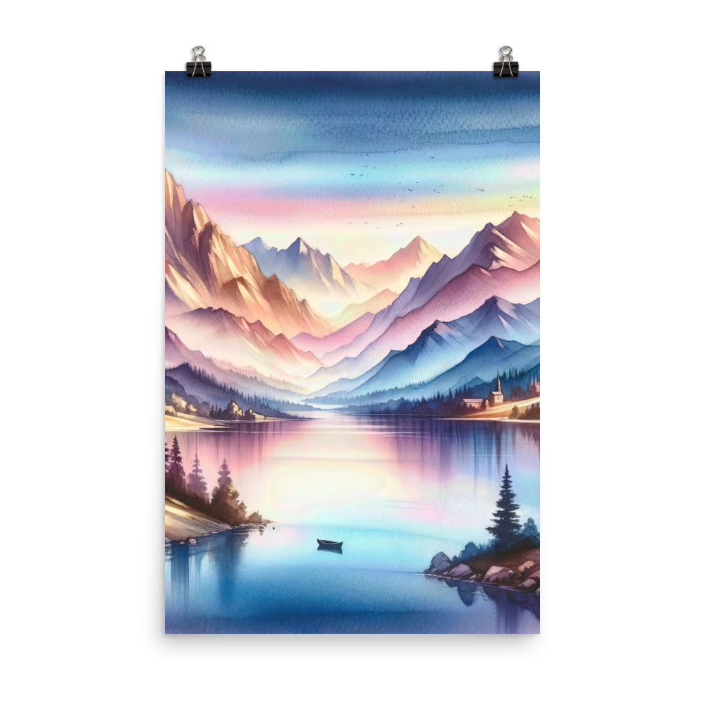 Aquarell einer Dämmerung in den Alpen, Boot auf einem See in Pastell-Licht - Poster berge xxx yyy zzz 61 x 91.4 cm