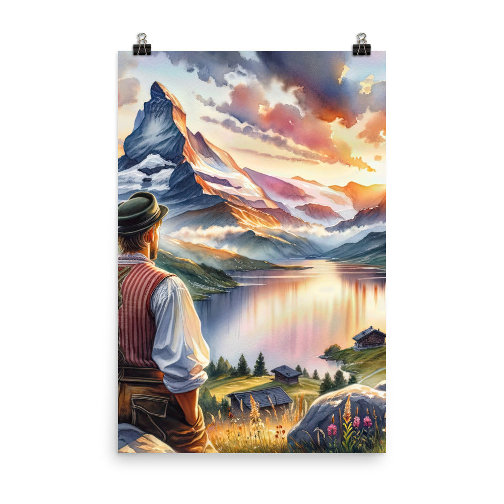 Aquarell einer Berglandschaft in der goldenen Stunde mit österreichischem Wanderer - Poster wandern xxx yyy zzz 61 x 91.4 cm