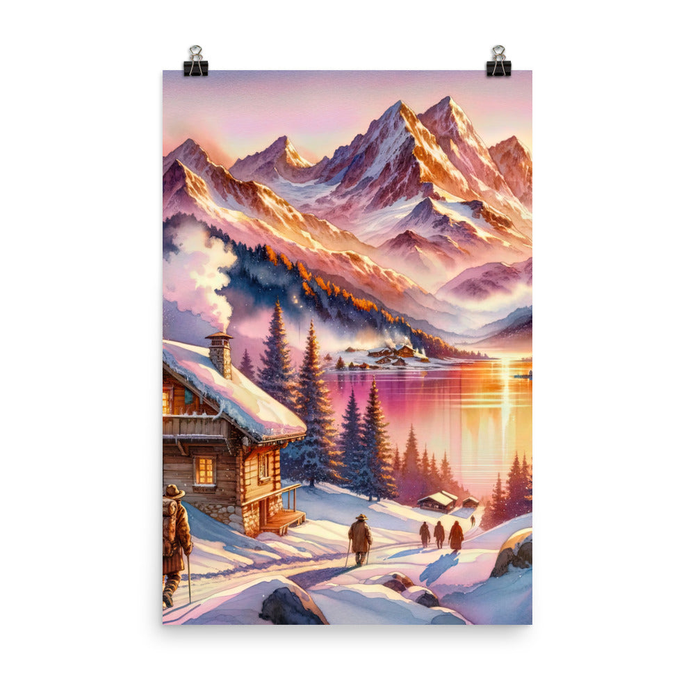 Aquarell eines Alpenpanoramas mit Wanderern bei Sonnenuntergang in Rosa und Gold - Poster wandern xxx yyy zzz 61 x 91.4 cm