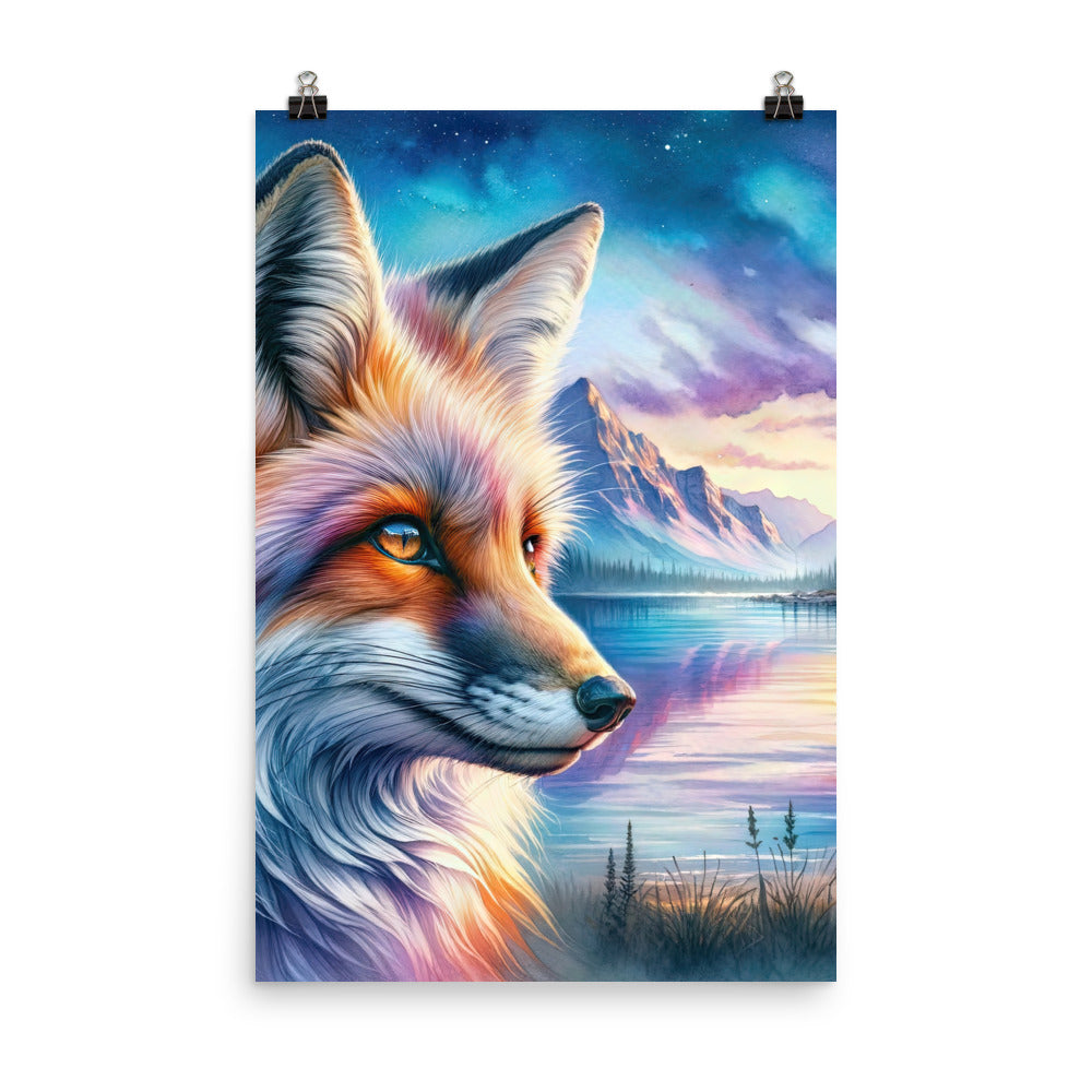 Aquarellporträt eines Fuchses im Dämmerlicht am Bergsee - Poster camping xxx yyy zzz 61 x 91.4 cm