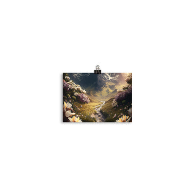 Epischer Berg, steiniger Weg und Blumen - Realistische Malerei - Poster berge xxx 12.7 x 17.8 cm