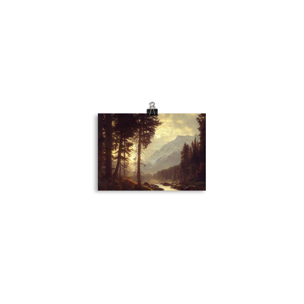Landschaft mit Bergen, Fluss und Bäumen - Malerei - Poster berge xxx 12.7 x 17.8 cm