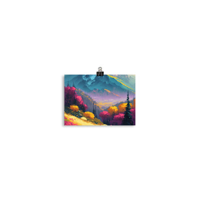 Berge, pinke und gelbe Bäume, sowie Blumen - Farbige Malerei - Poster berge xxx 12.7 x 17.8 cm