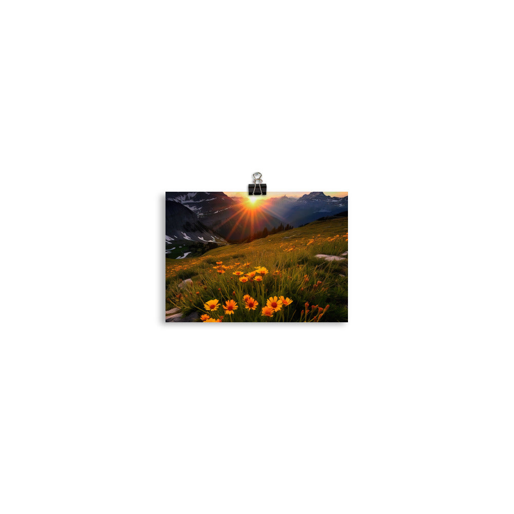 Gebirge, Sonnenblumen und Sonnenaufgang - Poster berge xxx 12.7 x 17.8 cm