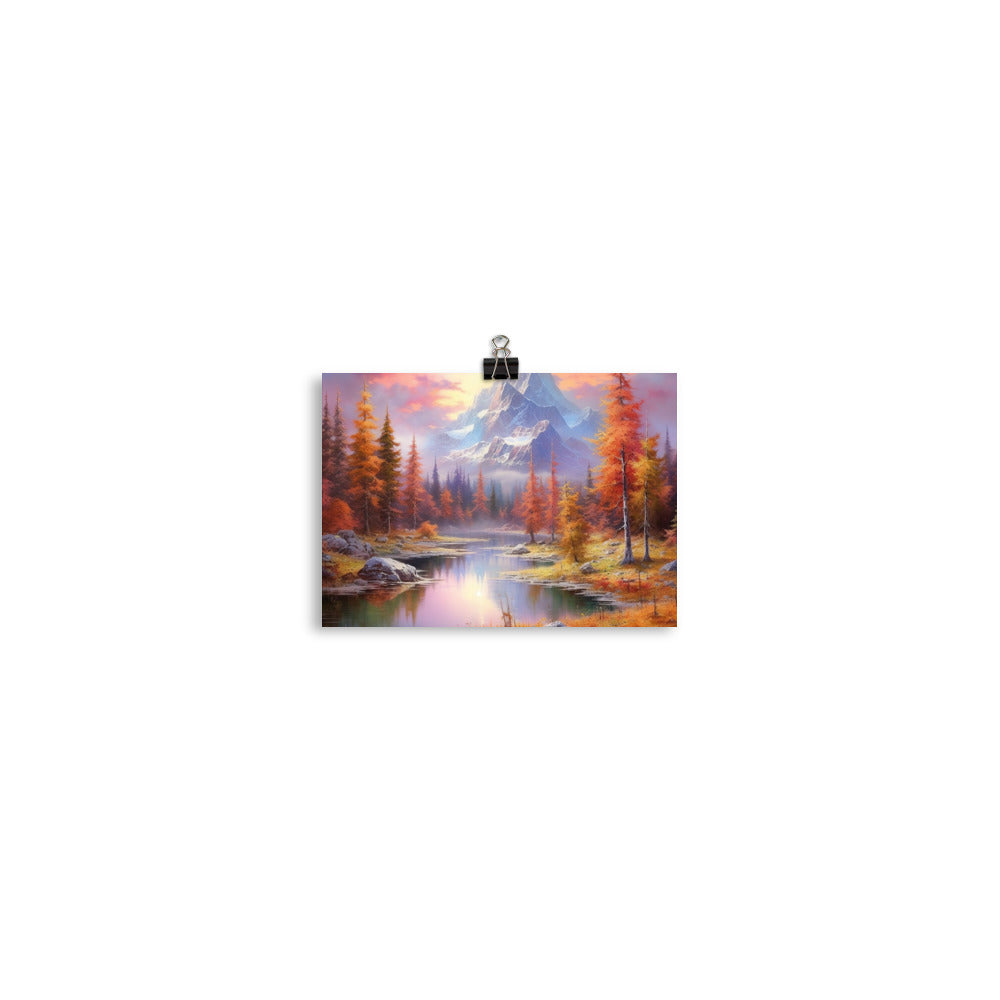 Landschaftsmalerei - Berge, Bäume, Bergsee und Herbstfarben - Poster berge xxx 12.7 x 17.8 cm