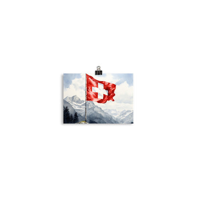 Schweizer Flagge und Berge im Hintergrund - Epische Stimmung - Malerei - Poster berge xxx 12.7 x 17.8 cm