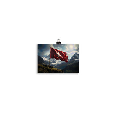 Schweizer Flagge und Berge im Hintergrund - Fotorealistische Malerei - Poster berge xxx 12.7 x 17.8 cm
