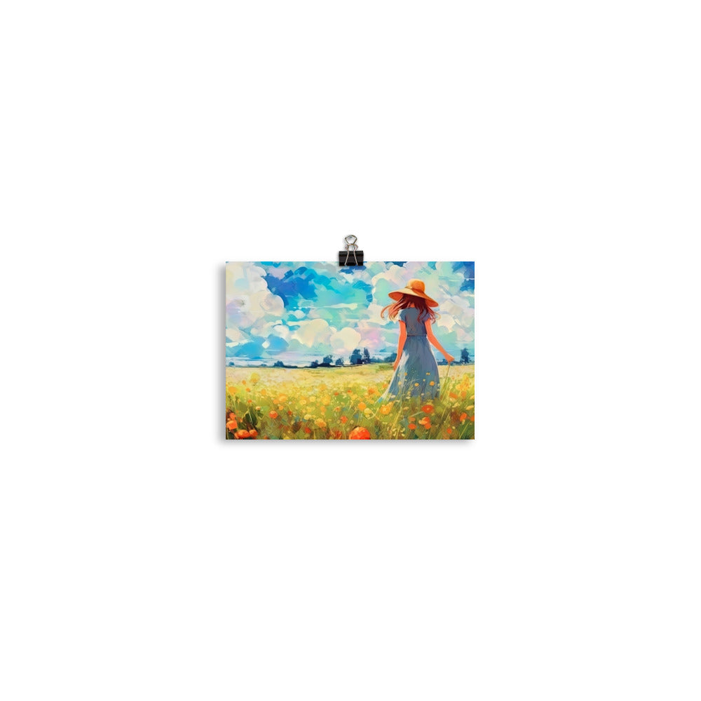 Dame mit Hut im Feld mit Blumen - Landschaftsmalerei - Poster camping xxx 12.7 x 17.8 cm