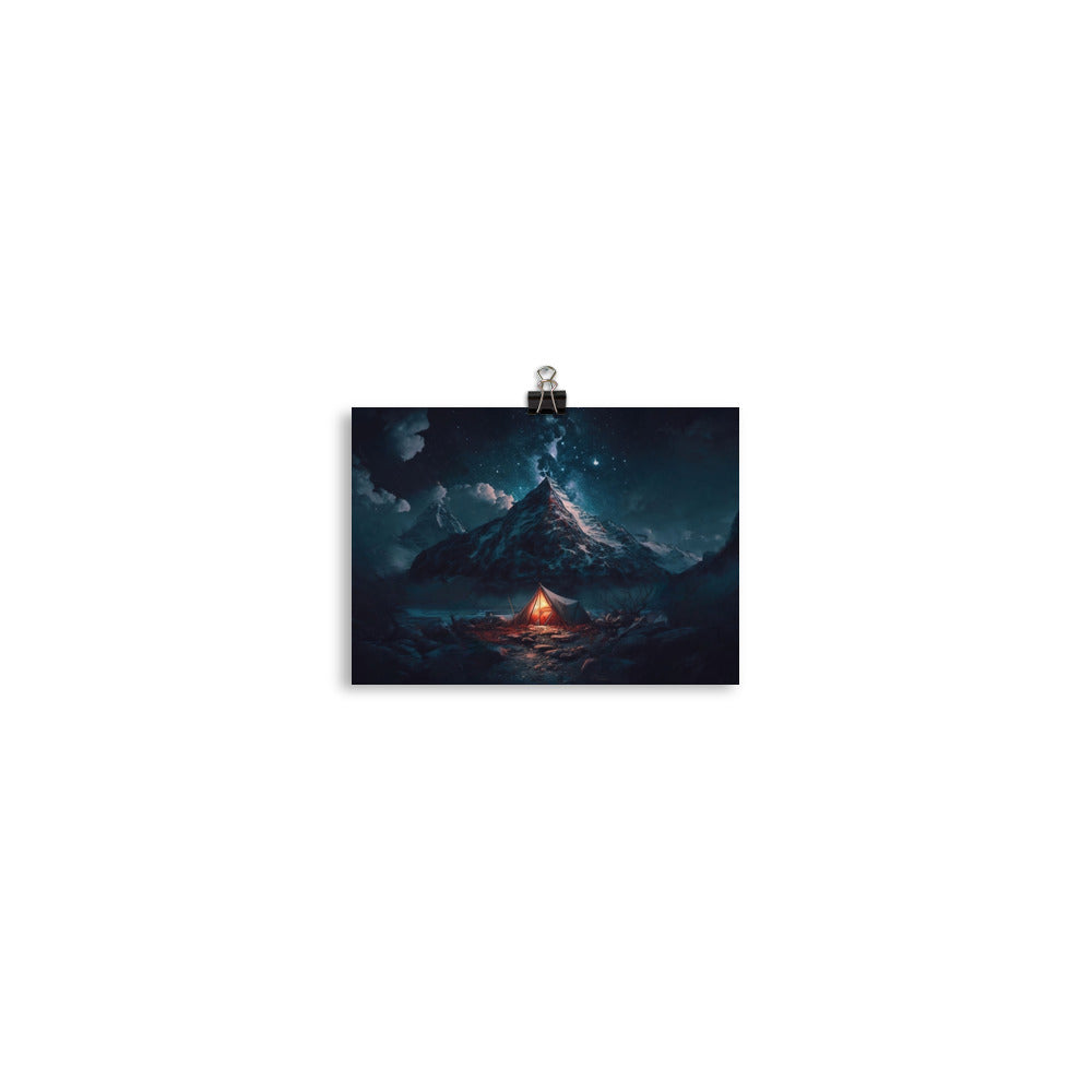 Zelt und Berg in der Nacht - Sterne am Himmel - Landschaftsmalerei - Poster camping xxx 12.7 x 17.8 cm
