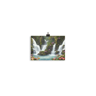 Wasserfall im Wald und Blumen - Schöne Malerei - Poster camping xxx 12.7 x 17.8 cm