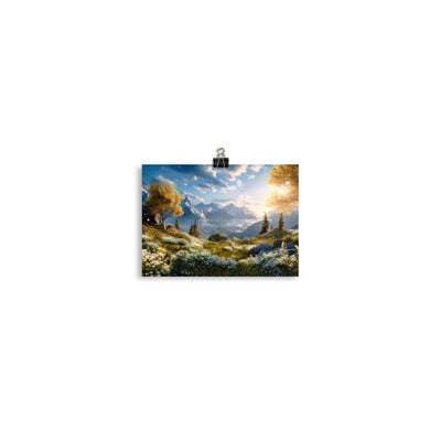 Berglandschaft mit Sonnenschein, Blumen und Bäumen - Malerei - Poster berge xxx 12.7 x 17.8 cm
