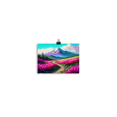 Berg, pinke Blumen und Wanderweg - Landschaftsmalerei - Poster berge xxx 12.7 x 17.8 cm