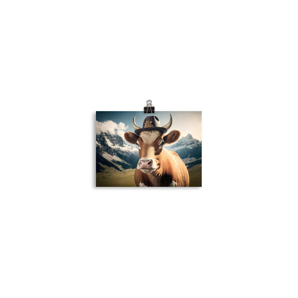 Kuh mit Hut in den Alpen - Berge im Hintergrund - Landschaftsmalerei - Poster berge xxx 12.7 x 17.8 cm