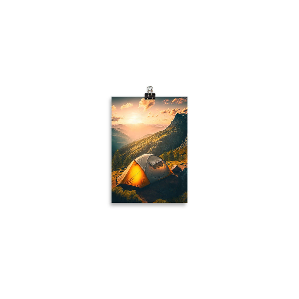 Zelt auf Berg im Sonnenaufgang - Landschafts - Poster camping xxx 12.7 x 17.8 cm
