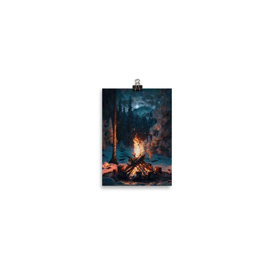 Lagerfeuer beim Camping - Wald mit Schneebedeckten Bäumen - Malerei - Poster camping xxx 12.7 x 17.8 cm