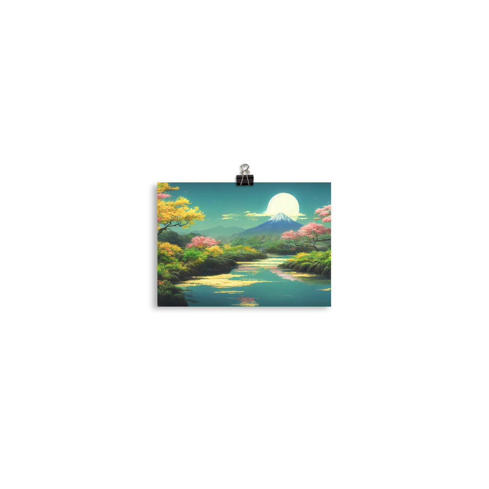 Berg, See und Wald mit pinken Bäumen - Landschaftsmalerei - Poster berge xxx 12.7 x 17.8 cm