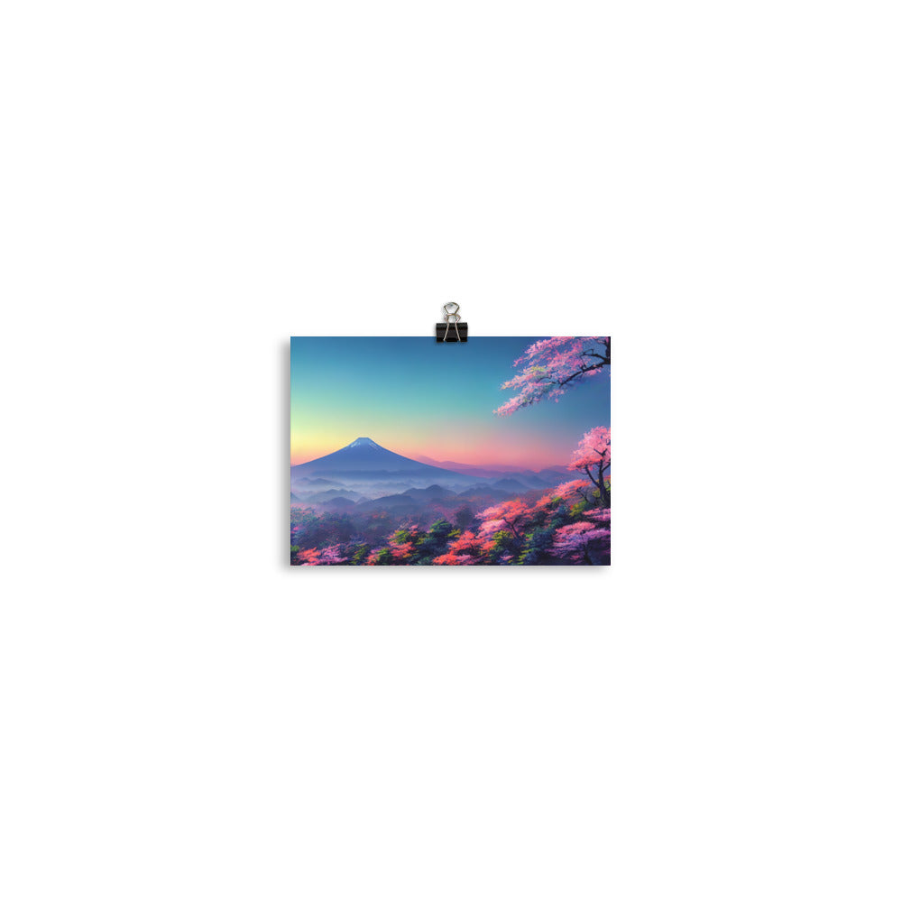 Berg und Wald mit pinken Bäumen - Landschaftsmalerei - Poster berge xxx 12.7 x 17.8 cm