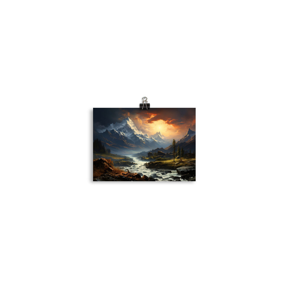 Berge, Sonne, steiniger Bach und Wolken - Epische Stimmung - Poster berge xxx 12.7 x 17.8 cm