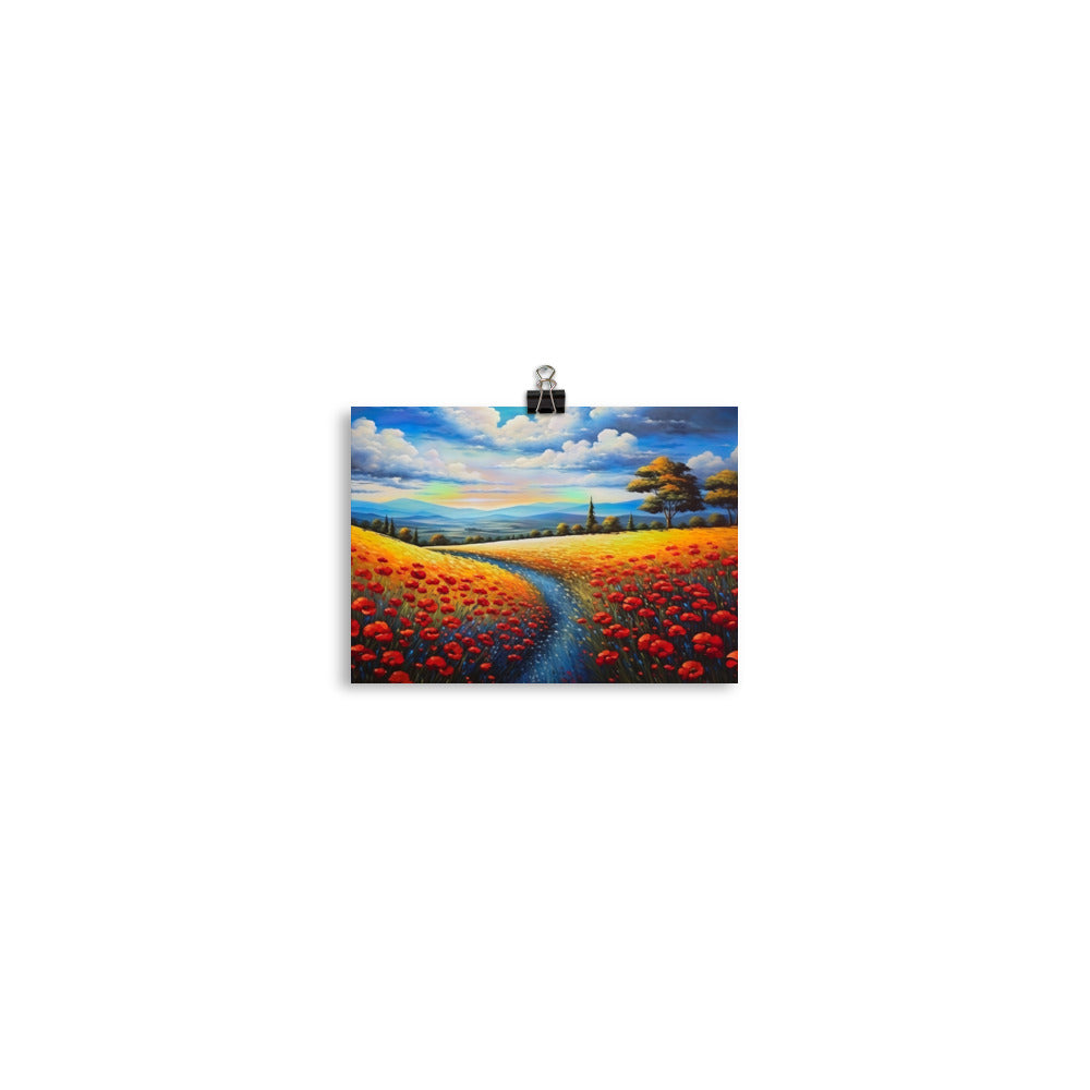 Feld mit roten Blumen und Berglandschaft - Landschaftsmalerei - Poster berge xxx 12.7 x 17.8 cm
