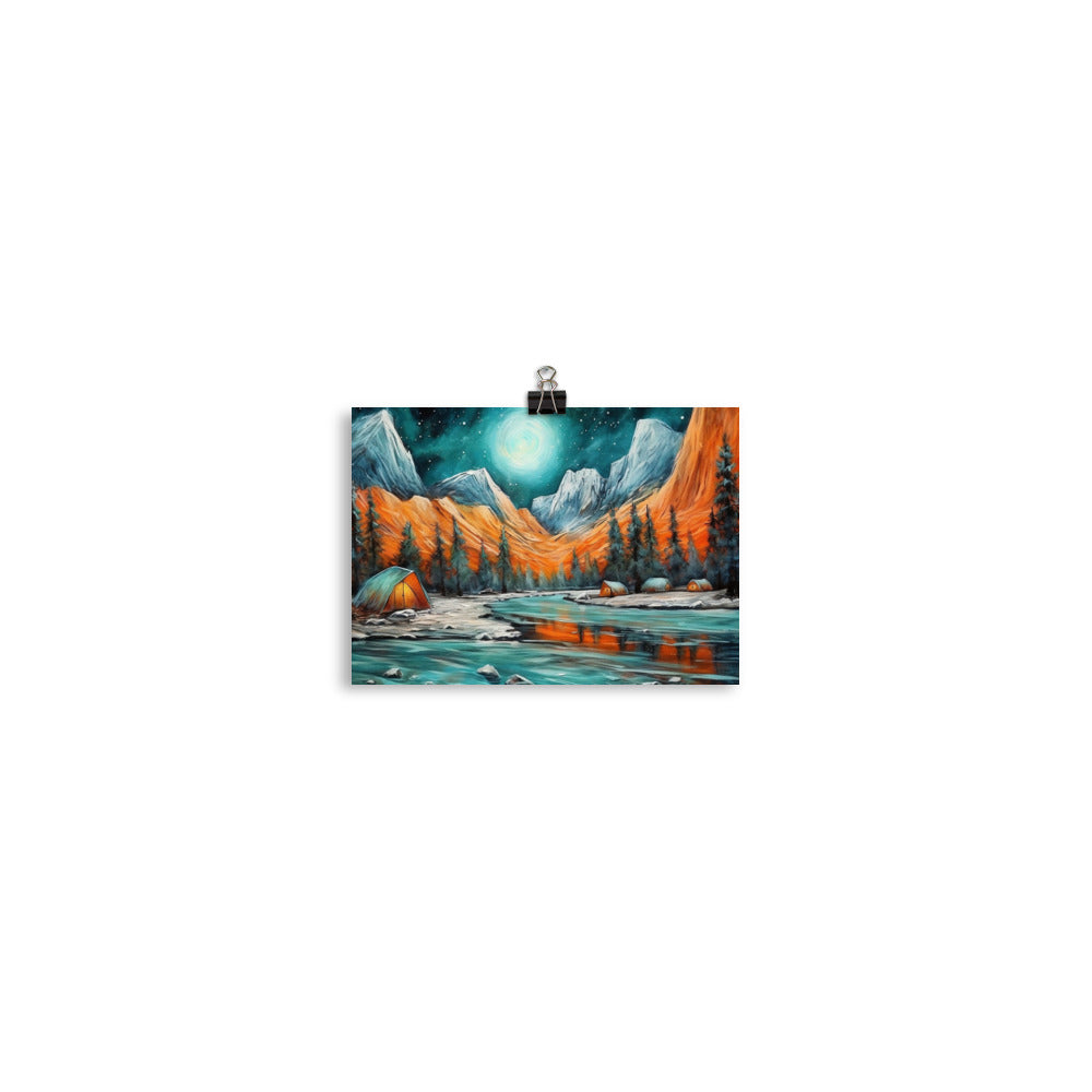 Berglandschaft und Zelte - Nachtstimmung - Landschaftsmalerei - Poster camping xxx 12.7 x 17.8 cm
