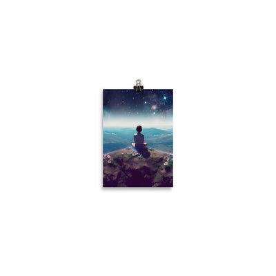 Frau sitzt auf Berg – Cosmos und Sterne im Hintergrund - Landschaftsmalerei - Poster berge xxx 12.7 x 17.8 cm