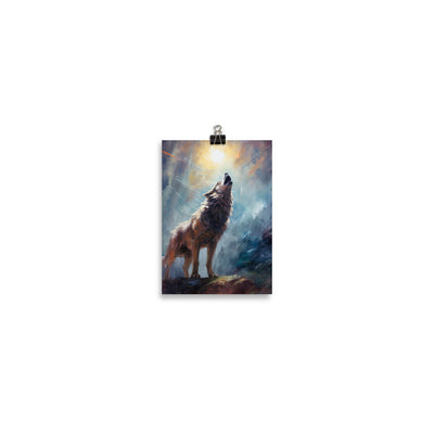 Heulender Wolf auf Berggipfel und Mond im Hintergrund – Abstrakte Malerei - Poster camping xxx 12.7 x 17.8 cm