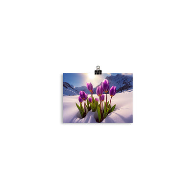 Tulpen im Schnee und in den Bergen - Blumen im Winter - Poster berge xxx 12.7 x 17.8 cm