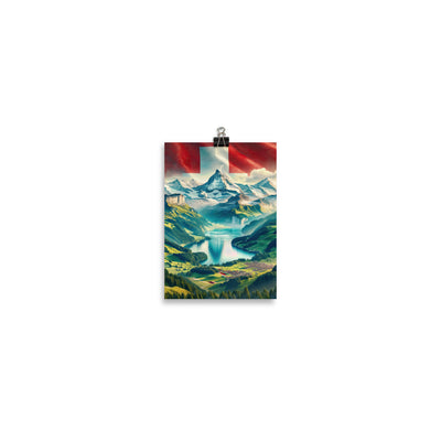 Berg Panorama: Schneeberge und Täler mit Schweizer Flagge - Poster berge xxx yyy zzz 12.7 x 17.8 cm