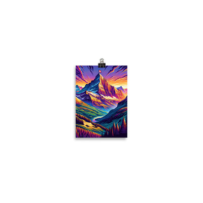 Bergpracht mit Schweizer Flagge: Farbenfrohe Illustration einer Berglandschaft - Poster berge xxx yyy zzz 12.7 x 17.8 cm