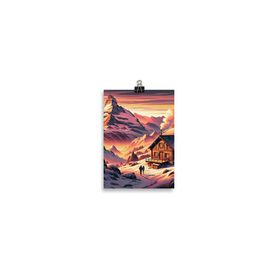 Berghütte im goldenen Sonnenuntergang: Digitale Alpenillustration - Poster berge xxx yyy zzz 12.7 x 17.8 cm