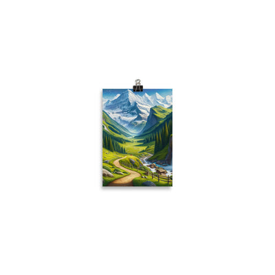 Wanderer in den Bergen und Wald: Digitale Malerei mit grünen kurvenreichen Pfaden - Poster wandern xxx yyy zzz 12.7 x 17.8 cm