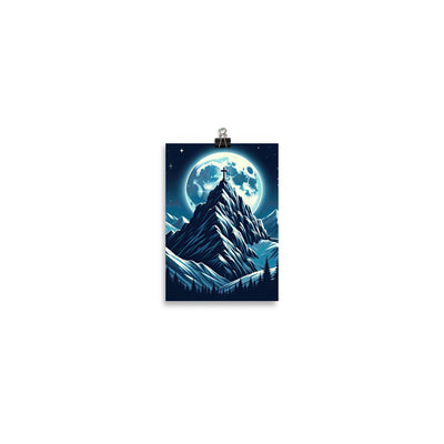 Mondnacht und Gipfelkreuz in den Alpen, glitzernde Schneegipfel - Poster berge xxx yyy zzz 12.7 x 17.8 cm