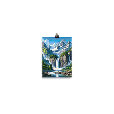 Illustration einer unberührten Alpenkulisse im Hochsommer. Wasserfall und See - Poster berge xxx yyy zzz 12.7 x 17.8 cm