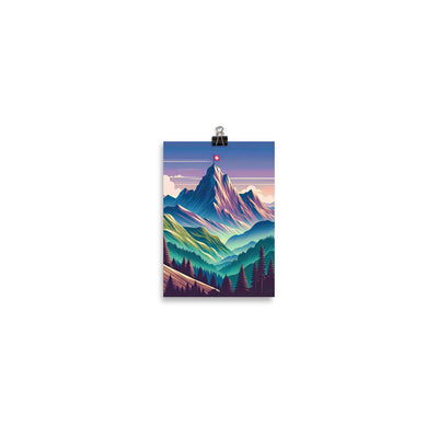Harmonische Berglandschaft mit Schweizer Flagge auf Gipfel - Poster berge xxx yyy zzz 12.7 x 17.8 cm