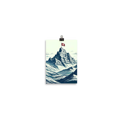 Ausgedehnte Bergkette mit dominierendem Gipfel und wehender Schweizer Flagge - Poster berge xxx yyy zzz 12.7 x 17.8 cm