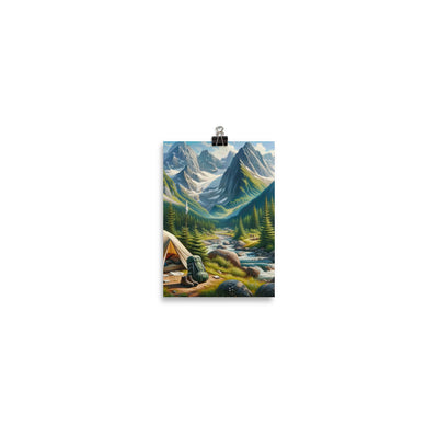 Ölgemälde der Alpensommerlandschaft mit Zelt, Gipfeln, Wäldern und Bächen - Poster camping xxx yyy zzz 12.7 x 17.8 cm