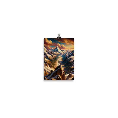 Ölgemälde eines Wanderers auf einem Hügel mit Panoramablick auf schneebedeckte Alpen und goldenen Himmel - Enhanced Matte Paper Poster wandern xxx yyy zzz 12.7 x 17.8 cm