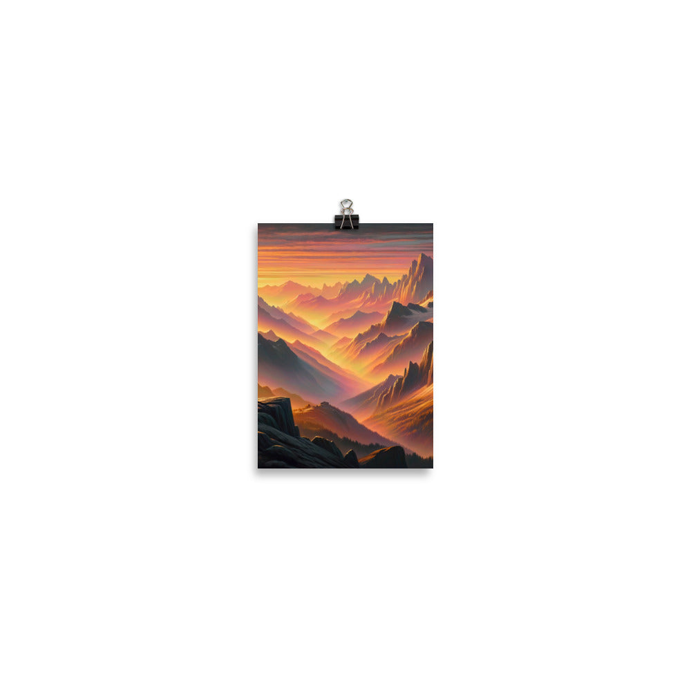 Ölgemälde der Alpen in der goldenen Stunde mit Wanderer, Orange-Rosa Bergpanorama - Poster wandern xxx yyy zzz 12.7 x 17.8 cm