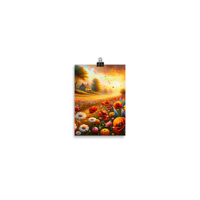 Ölgemälde eines Blumenfeldes im Sonnenuntergang, leuchtende Farbpalette - Poster camping xxx yyy zzz 12.7 x 17.8 cm