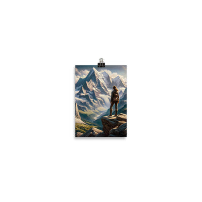 Ölgemälde der Alpengipfel mit Schweizer Abenteurerin auf Felsvorsprung - Poster wandern xxx yyy zzz 12.7 x 17.8 cm
