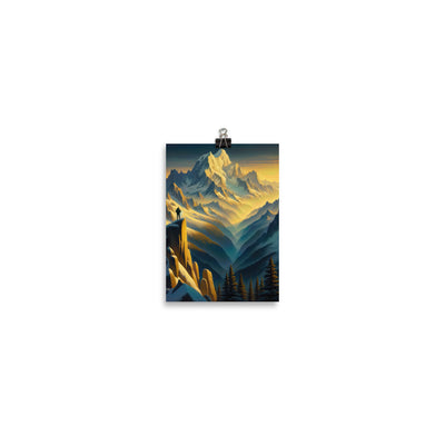 Ölgemälde eines Wanderers bei Morgendämmerung auf Alpengipfeln mit goldenem Sonnenlicht - Poster wandern xxx yyy zzz 12.7 x 17.8 cm