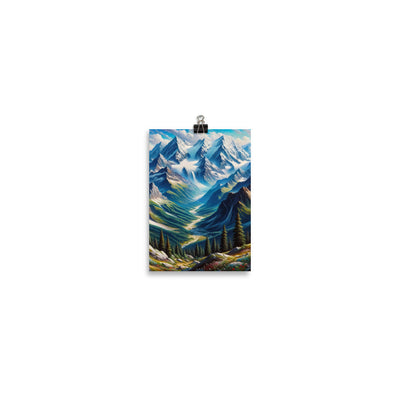 Panorama-Ölgemälde der Alpen mit schneebedeckten Gipfeln und schlängelnden Flusstälern - Poster berge xxx yyy zzz 12.7 x 17.8 cm