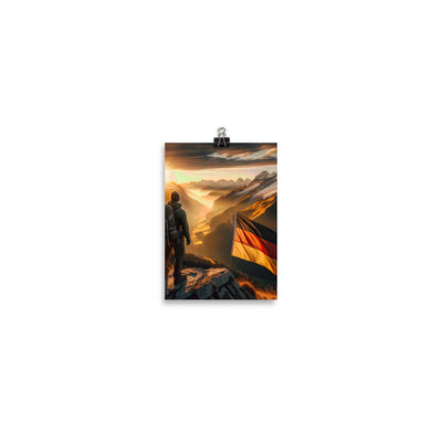 Foto der Alpen bei Sonnenuntergang mit deutscher Flagge und Wanderer, goldenes Licht auf Schneegipfeln - Enhanced Matte Paper Poster berge xxx yyy zzz 12.7 x 17.8 cm