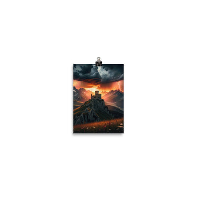 Foto einer Alpenburg bei stürmischem Sonnenuntergang, dramatische Wolken und Sonnenstrahlen - Poster berge xxx yyy zzz 12.7 x 17.8 cm