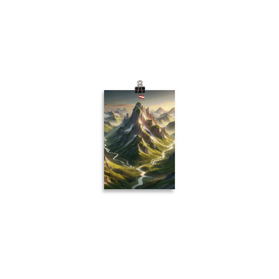 Fotorealistisches Bild der Alpen mit österreichischer Flagge, scharfen Gipfeln und grünen Tälern - Poster berge xxx yyy zzz 12.7 x 17.8 cm