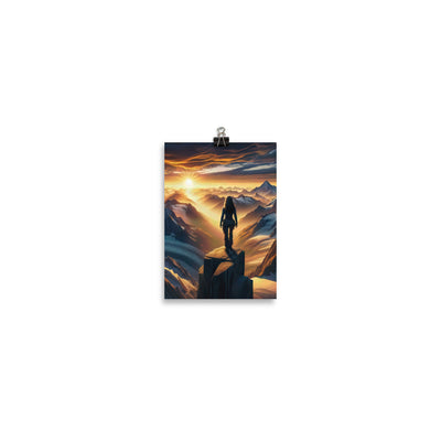Fotorealistische Darstellung der Alpen bei Sonnenaufgang, Wanderin unter einem gold-purpurnen Himmel - Poster wandern xxx yyy zzz 12.7 x 17.8 cm