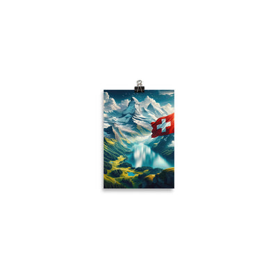 Ultraepische, fotorealistische Darstellung der Schweizer Alpenlandschaft mit Schweizer Flagge - Poster berge xxx yyy zzz 12.7 x 17.8 cm