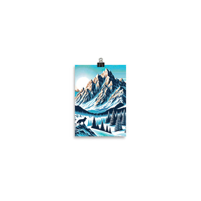 Vektorgrafik eines Wolfes im winterlichen Alpenmorgen, Berge mit Schnee- und Felsmustern - Poster berge xxx yyy zzz 12.7 x 17.8 cm