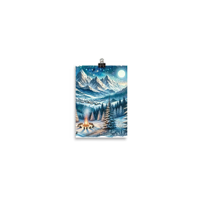 Aquarell eines Winterabends in den Alpen mit Lagerfeuer und Wanderern, glitzernder Neuschnee - Poster camping xxx yyy zzz 12.7 x 17.8 cm