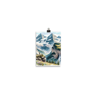 Aquarell-Panoramablick der Alpen mit schneebedeckten Gipfeln, Wasserfällen und Wanderern - Poster wandern xxx yyy zzz 12.7 x 17.8 cm
